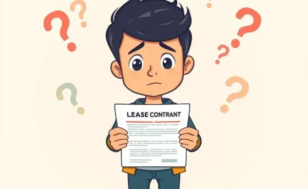 A cartoon-style image showing a person holding a lease contract and looking confused.