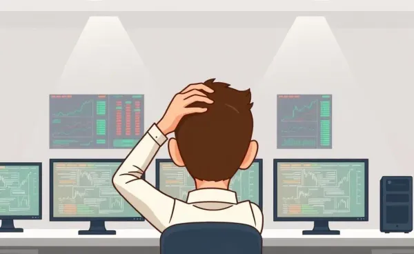 A perplexed stock analyst in front of complex market data.