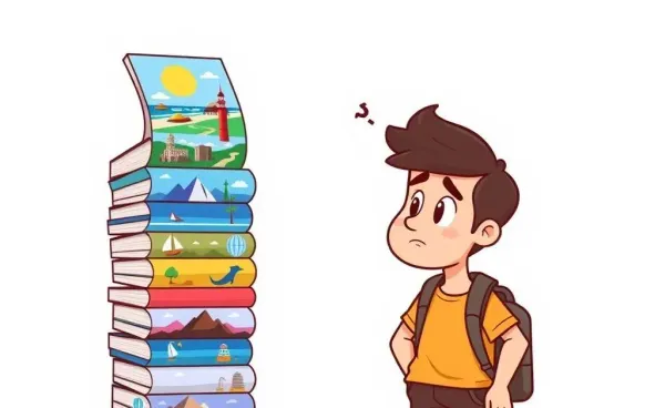 A traveler looking confused at a stack of travel brochures.