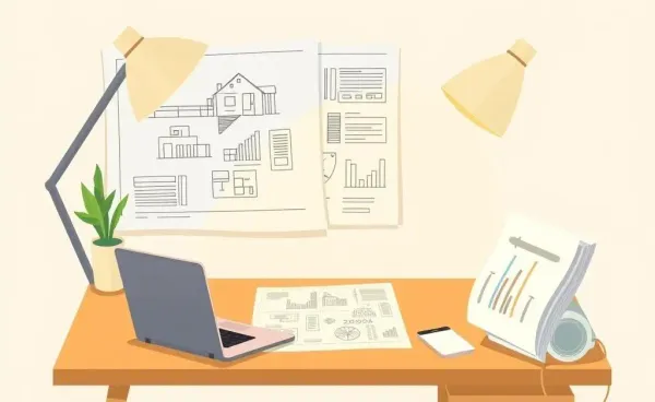 A cozy desk with construction plans and a laptop for planning financing.