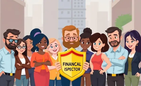Illustration of diverse people examining a financial protection badge