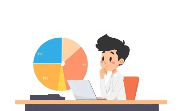 A person contemplating investment fees at a desk with a pie chart.
