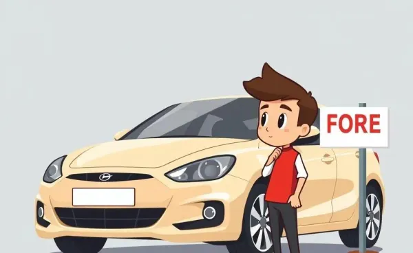 Person contemplating next to a new car with a FOR SALE sign