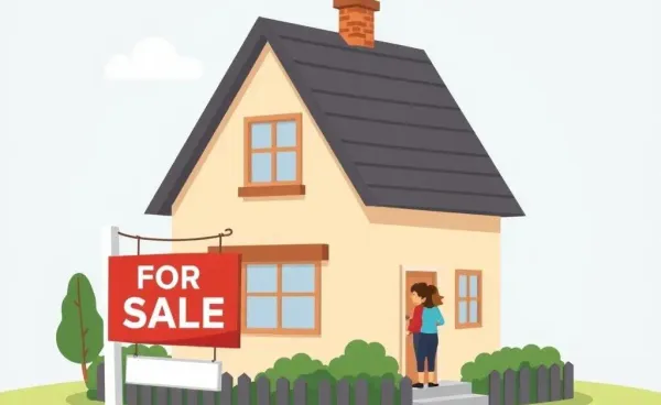 A couple pondering the sale of their home with a for-sale sign in view