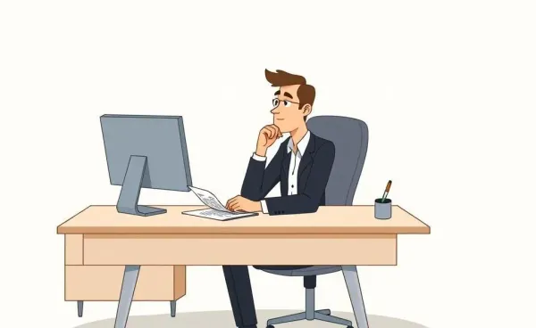 An insurance agent at a desk deep in thought