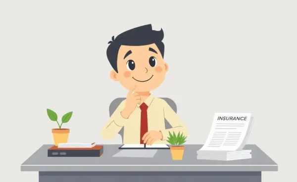 A cartoon character thinking about life insurance with papers and a plant.