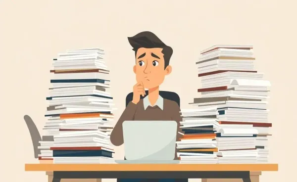Person thinking at a cluttered desk representing feeling stuck in a sales job.