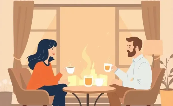 Two friends discussing mortgages over tea in a cozy setting