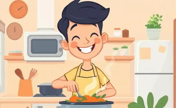 Illustration of a person happily cooking at home in a cozy kitchen
