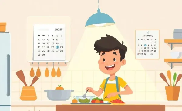 A cheerful person cooking in a bright kitchen with a calendar marking off days