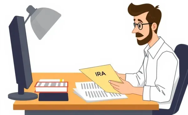 A cartoon drawing of a person reviewing a Roth IRA investment plan at a desk.