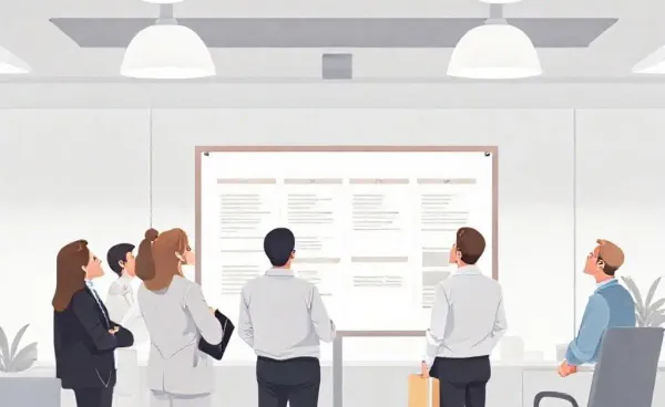 Employees gathered around a notice board looking concerned