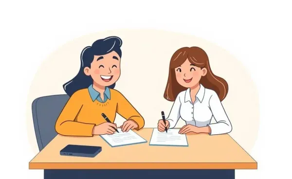 Two people signing loan documents together at a desk