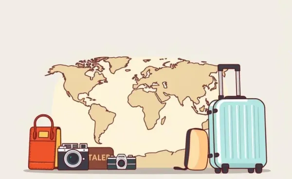 Illustration of a travel map and essentials for cost-effective travel