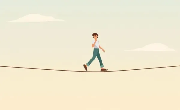 Person balancing cost of living against quality of life on a tightrope.