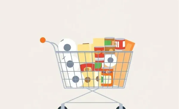 An illustrated grocery cart filled with bulk items.