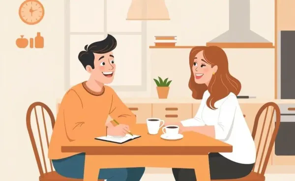 Cheerful couple discussing budget plans at a kitchen table