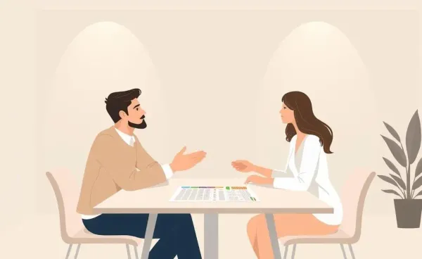 A couple smiling while looking at a budget planner on a desk