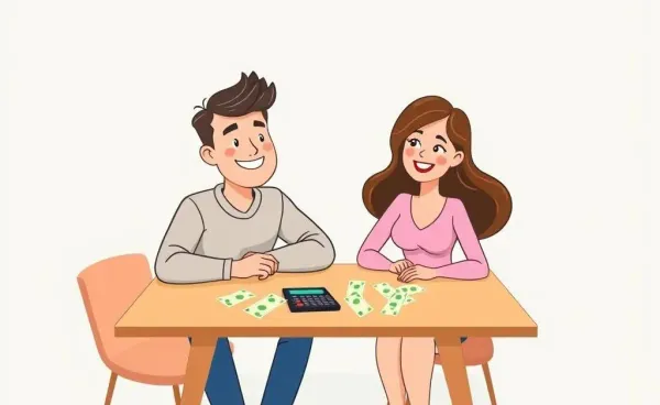 A couple working together on budgeting at a table with bills and a calculator