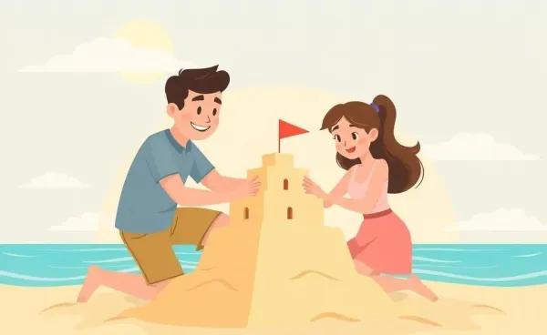 A couple building a sandcastle together.