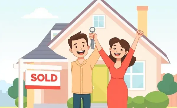 A cartoon image of a couple celebrating after buying a new home