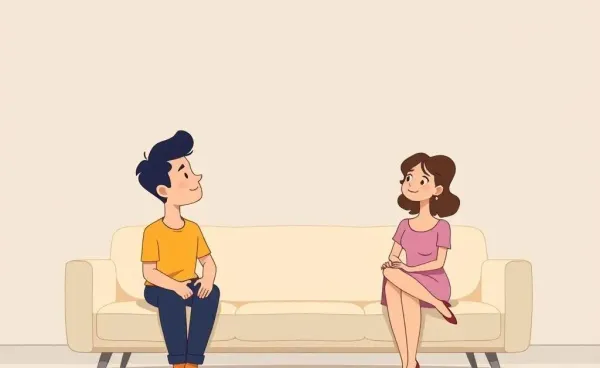 A couple sitting on a sofa deep in thought.