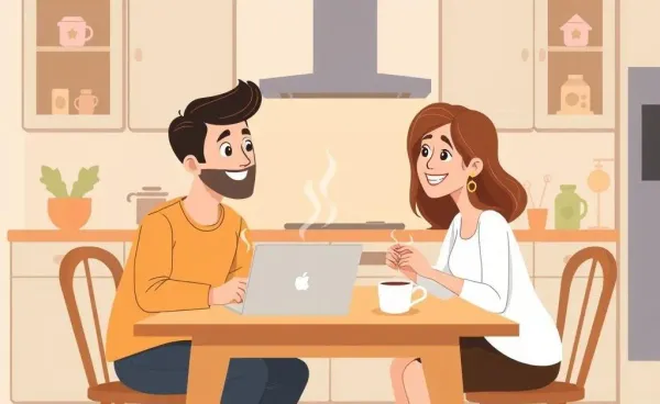 Couple discussing finances at a kitchen table with a laptop and coffee