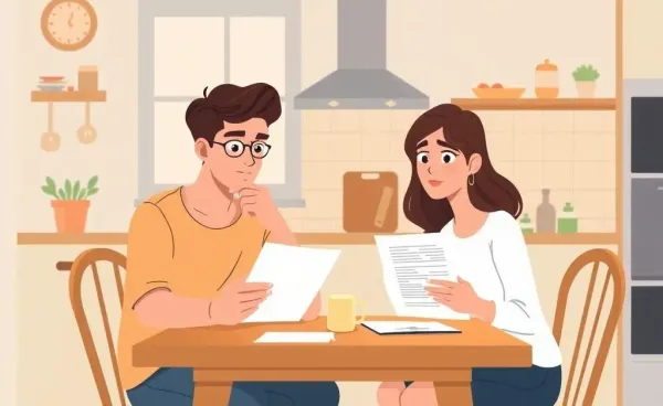 A young couple discussing health insurance at a kitchen table