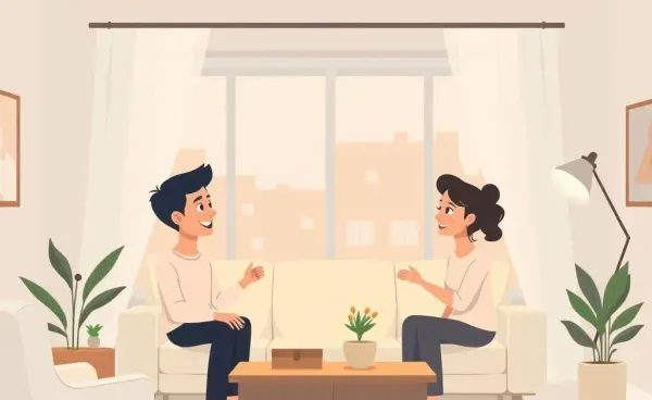 A couple discussing home buying options in a cozy living room