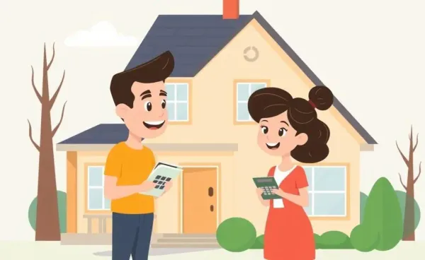 A couple discussing a home purchase with a house and calculator in the background