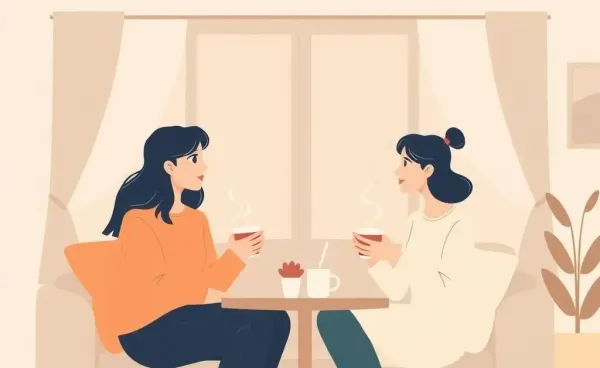 A couple discussing life changes over coffee in a cozy setting
