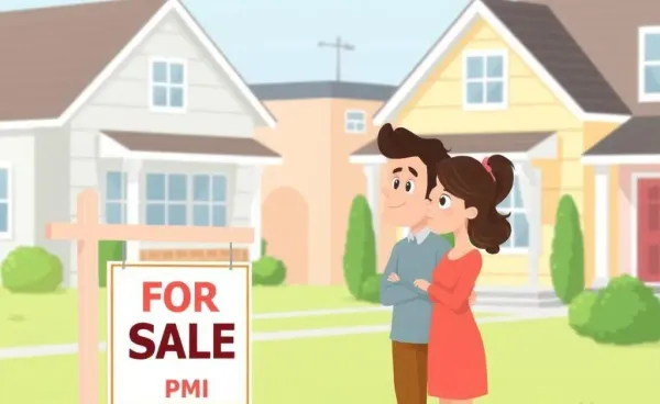 A couple looking at a home for sale with a thought bubble about PMI costs.