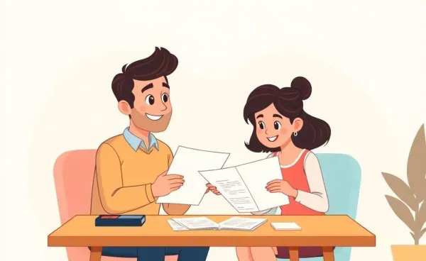 A cartoon couple discussing mortgage paperwork at a desk