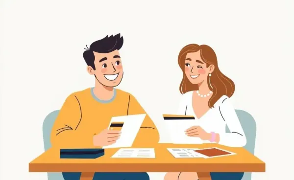 Happy couple reviewing their joint credit card options at a table