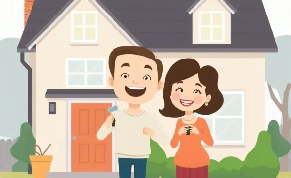 Joyful couple holding house keys in front of a new home