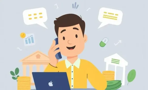 Person on the phone with bank surrounded by financial icons