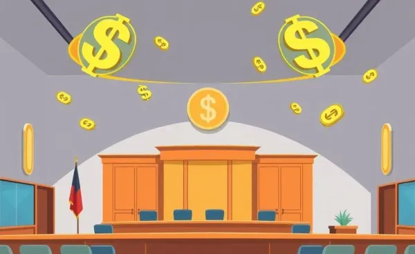 A cartoon courtroom with money symbols to represent jury duty compensation.