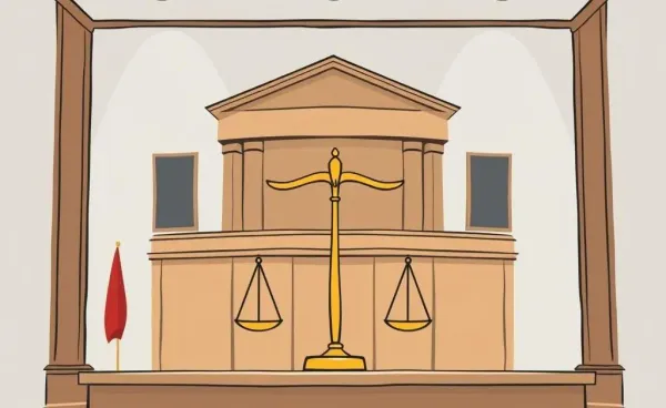 Drawing of a courtroom with scales of justice.
