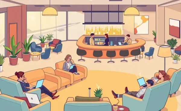 Illustration of a comfortable airport lounge with travelers resting.