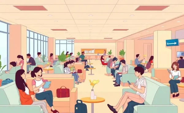 Illustration of a cozy airport lounge setting