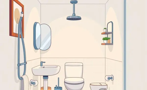 A modern windowless bathroom in an apartment setting.