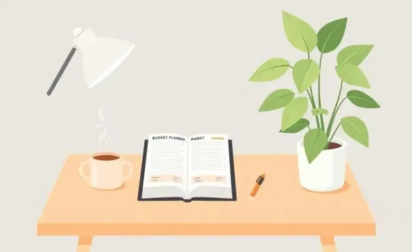 A cozy study desk with a budget planner and a coffee mug.