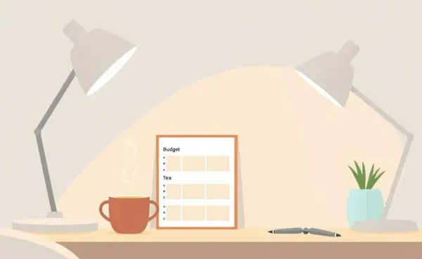 A cozy home office desk with a budget planner and a warm cup of tea.