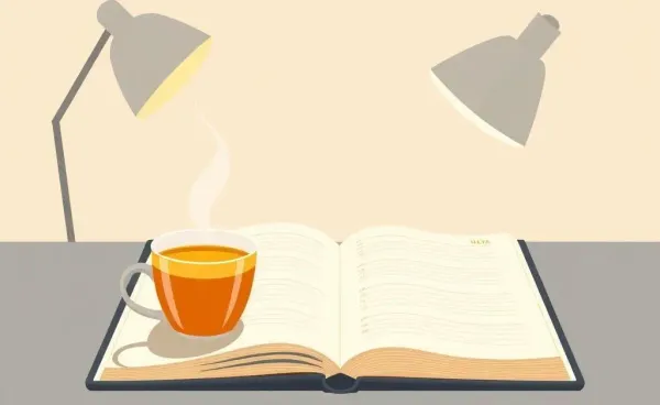 A welcoming scene of a desk with an open planner and a steaming tea cup on the side