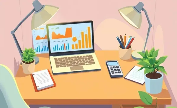 Cozy desk setup with budgeting tools and a laptop showing financial graphs