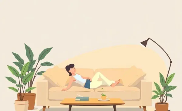 Person relaxing in a cozy room with plants and soft lighting