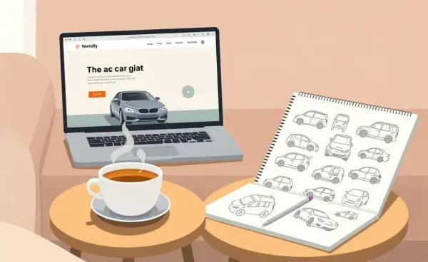 A cozy setup for planning a car purchase, with a laptop and notepad.