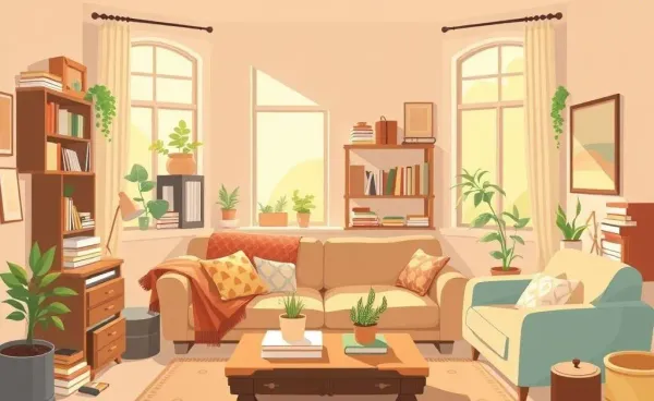 A cozy and slightly cluttered living room bathed in morning sunlight