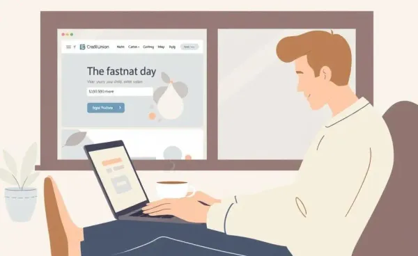Person browsing a credit union website on a laptop with a coffee nearby