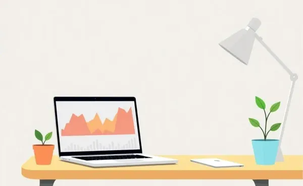 Cozy workspace with a laptop showing stock charts and a small plant